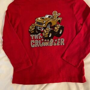 Toddler Boys Red Long Sleeve Christmas Shirt with Monster Truck Graphic